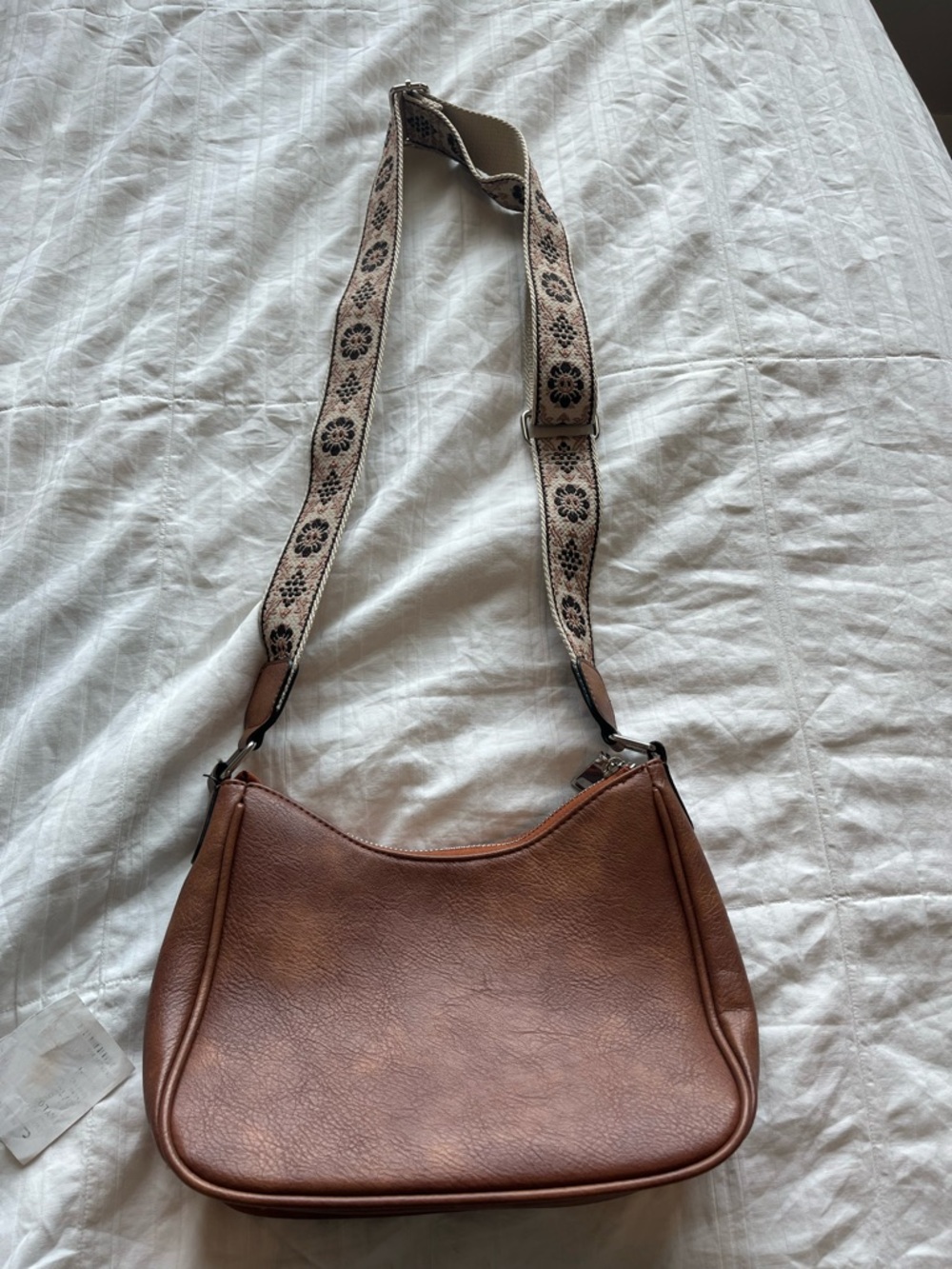 Women's Brown Leather-Textured Shoulder Bag with Patterned Strap